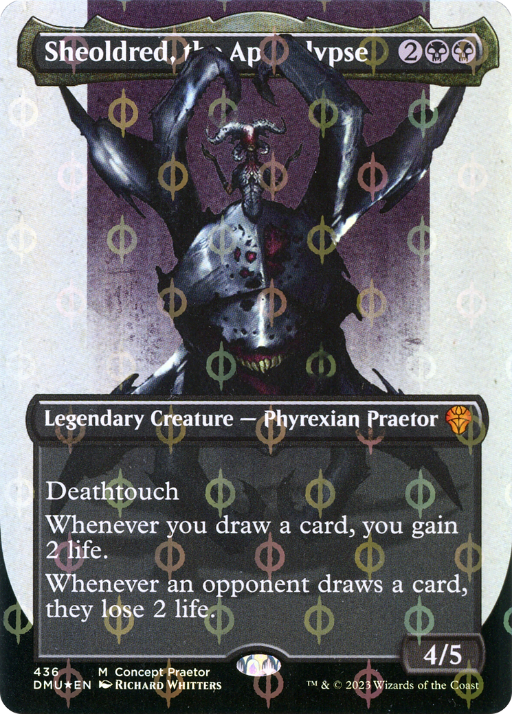 Sheoldred, the Apocalypse (Borderless Concept Praetors Step-and-Compleat Foil) [Phyrexia: All Will Be One] | Game Master's Emporium (The New GME)