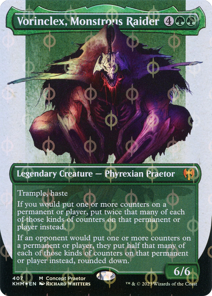 Vorinclex, Monstrous Raider (Borderless Concept Praetors Step-and-Compleat Foil) [Phyrexia: All Will Be One] | Game Master's Emporium (The New GME)