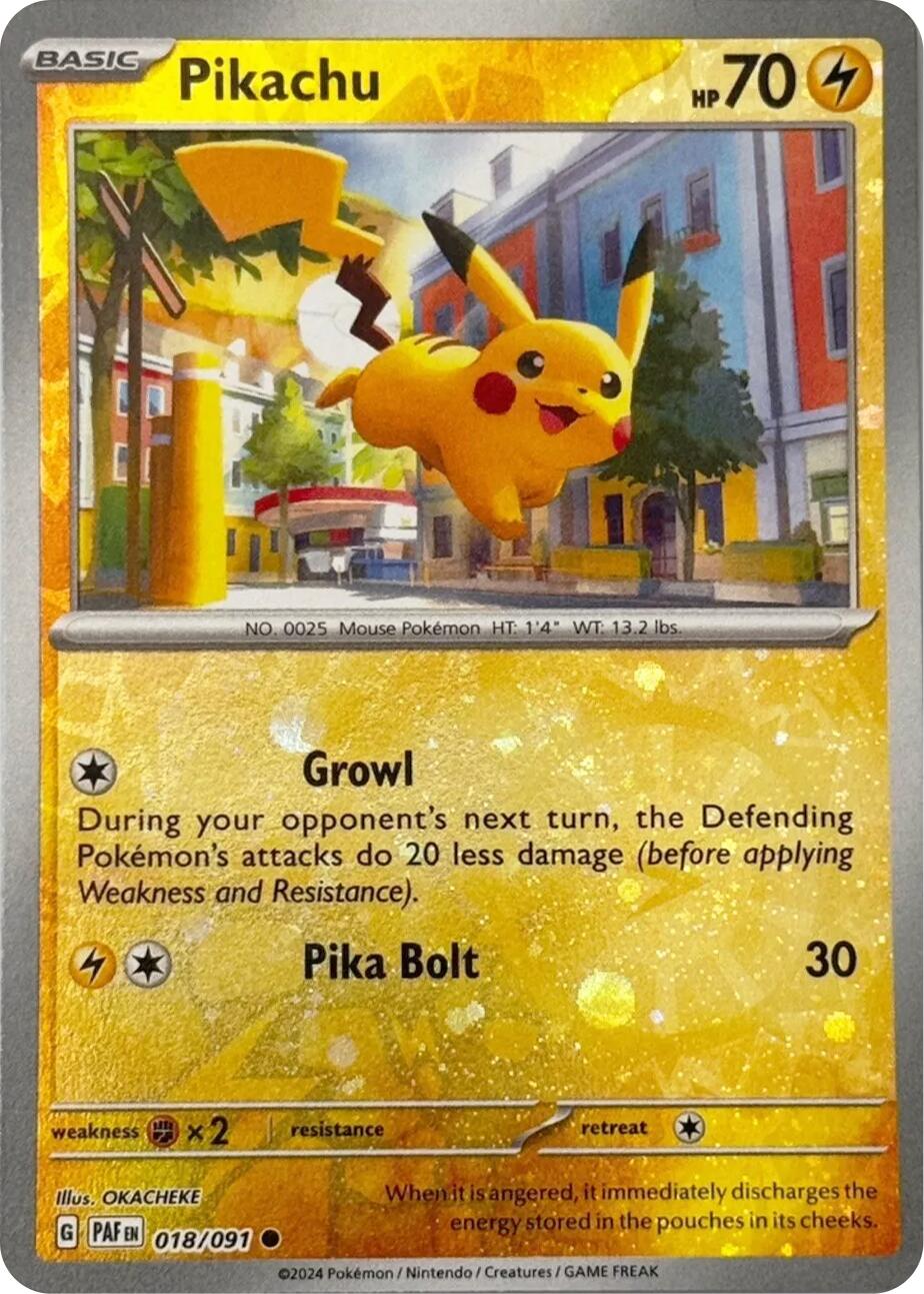 Pikachu (018/091) (Reverse Cosmos Holo) [Scarlet & Violet: Paldean Fates] | Game Master's Emporium (The New GME)