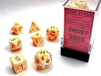 Chessex 7pc Dice Festive Sunburst Red | Game Master's Emporium (The New GME)