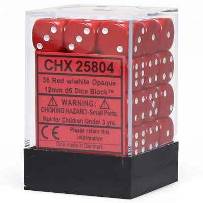 Chessex 36D6 Opaque Red/White 12mm Dice | Game Master's Emporium (The New GME)
