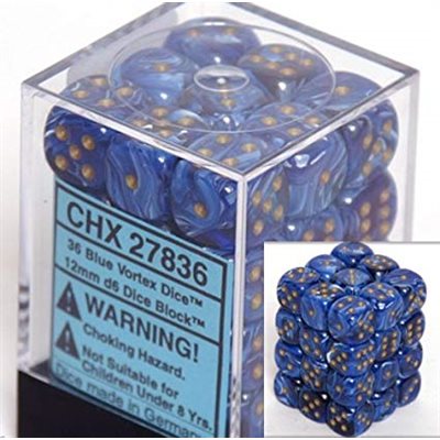 Chessex 36D6 Vortex Blue/Gold 12mm Dice | Game Master's Emporium (The New GME)