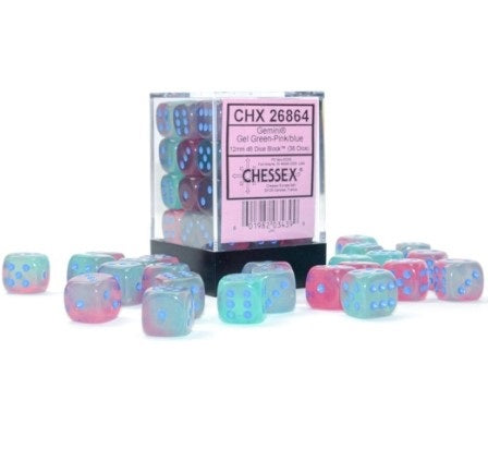 Chessex 36D6 Gemini Gel Green/Pink-Blue 12mm Dice | Game Master's Emporium (The New GME)