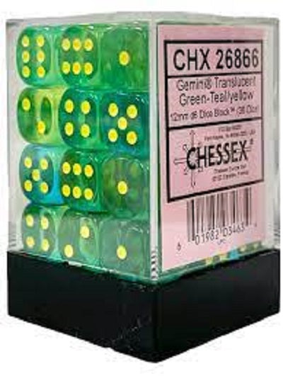 Chessex 36D6 Gemini Translucent Green-Teal/Yellow 12mm Dice | Game Master's Emporium (The New GME)
