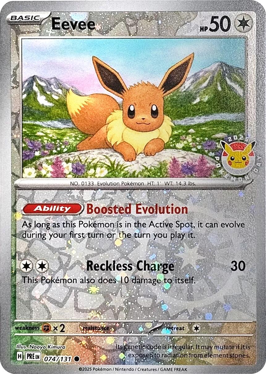 Eevee (074/131) (Pokemon Day 2025) (Reverse Cosmos Holo) [Scarlet & Violet: Prismatic Evolutions] | Game Master's Emporium (The New GME)