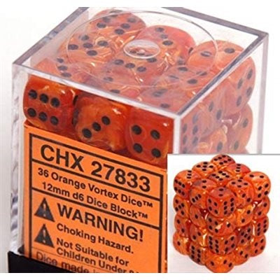 Chessex 36D6 Vortex Orange/Black 12mm Dice | Game Master's Emporium (The New GME)