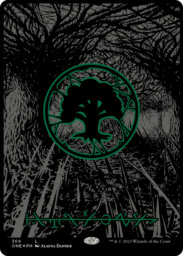 Forest (369) (Oil Slick Raised Foil) [Phyrexia: All Will Be One] | Game Master's Emporium (The New GME)