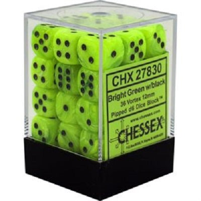 Chessex 36D6 Vortex Bright Green/Black 12mm Dice | Game Master's Emporium (The New GME)