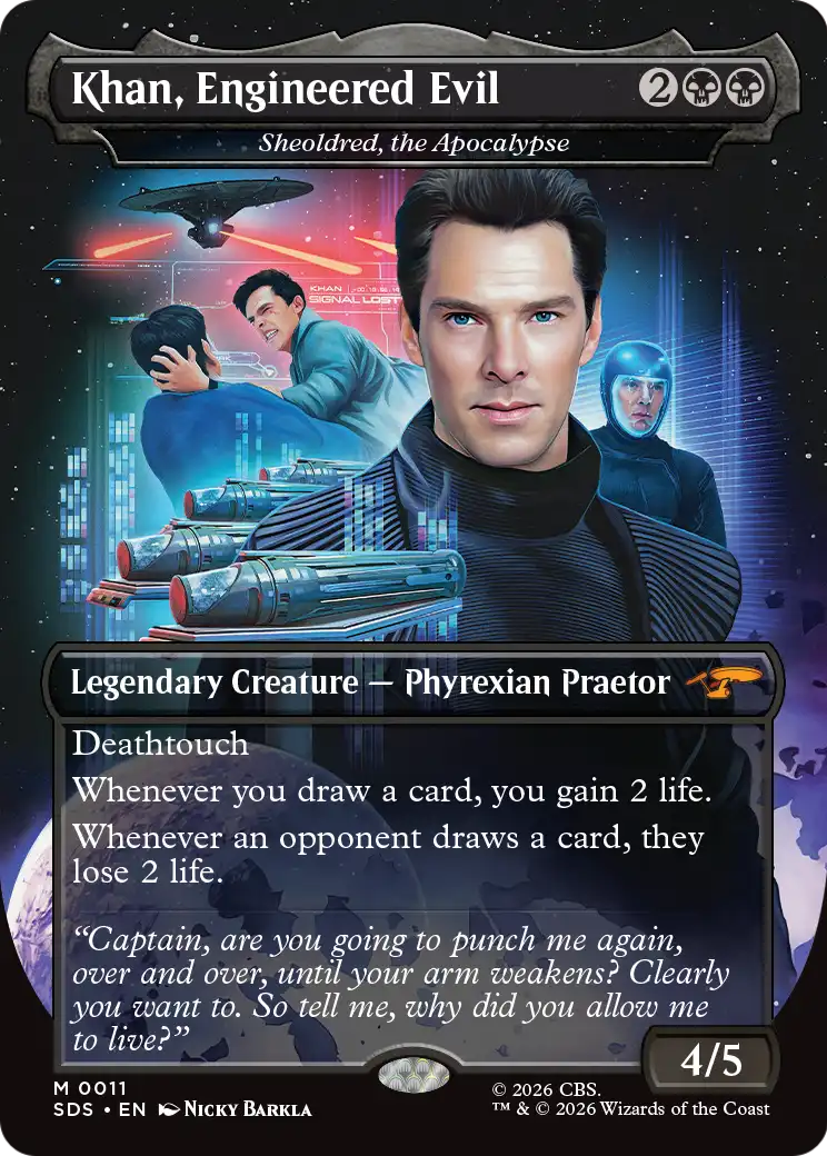 Khan, Engineered Evil - Sheoldred, the Apocalypse (Borderless) [Star Trek: Stardates] | Game Master's Emporium (The New GME)