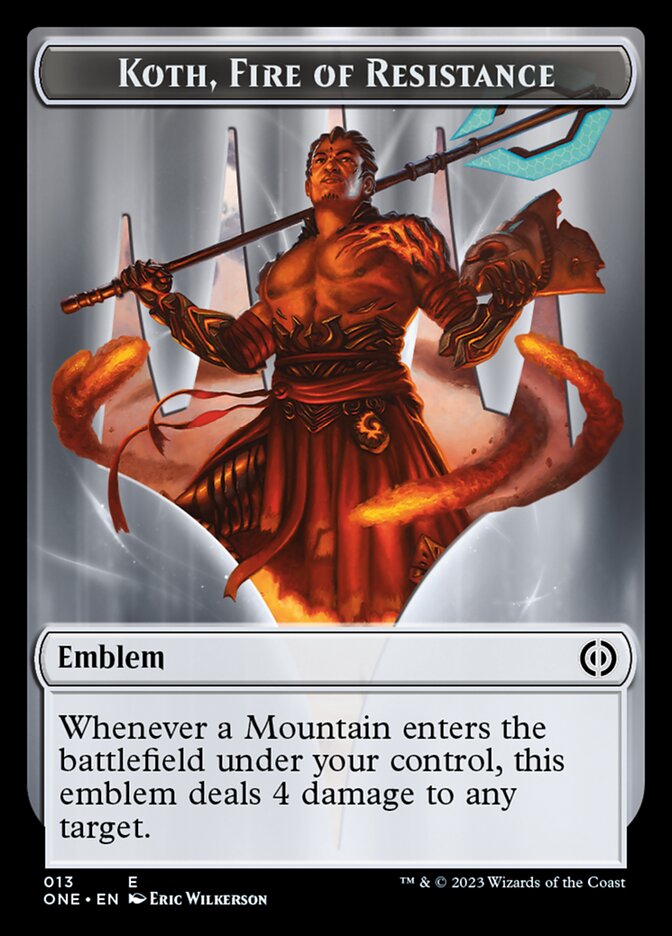 Rebel // Koth, Fire of Resistance Emblem Double-Sided Token [Phyrexia: All Will Be One Tokens] | Game Master's Emporium (The New GME)