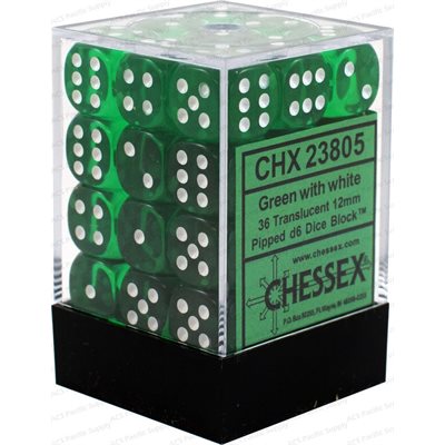 Chessex 36D6 Opaque Green/White 12mm Dice | Game Master's Emporium (The New GME)
