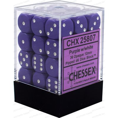 Chessex 36D6 Opaque Purple/White 12mm Dice | Game Master's Emporium (The New GME)