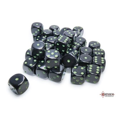 Chessex 36D6 Opaque Black/Green 12mm Dice | Game Master's Emporium (The New GME)