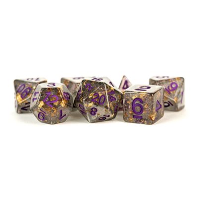 Fanroll 7pc Dice Gray w/ Gold Foil, Purple Numbers | Game Master's Emporium (The New GME)