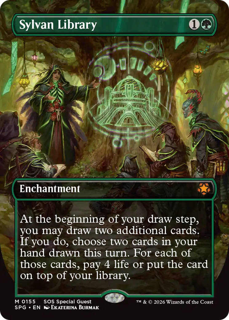 Sylvan Library (Borderless) [Secrets of Strixhaven Special Guests] | Game Master's Emporium (The New GME)