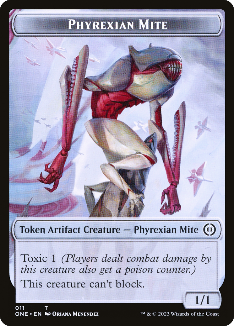 Phyrexian Mite (011) // Koth, Fire of Resistance Emblem Double-Sided Token [Phyrexia: All Will Be One Tokens] | Game Master's Emporium (The New GME)