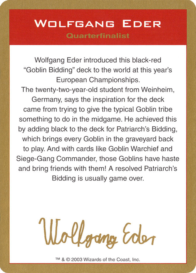 Wolfgang Eder Bio [World Championship Decks 2003] | Game Master's Emporium (The New GME)