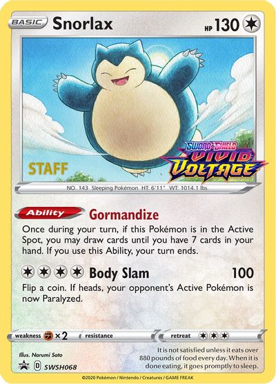 Snorlax (SWSH068) (Staff Prerelease Promo) [Sword & Shield: Black Star Promos] | Game Master's Emporium (The New GME)