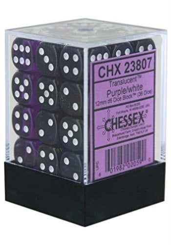 Chessex 36d6 Purple/White Translucent 12mm Dice | Game Master's Emporium (The New GME)