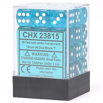 Chessex 36d6 Teal/White Translucent 12mm Dice | Game Master's Emporium (The New GME)