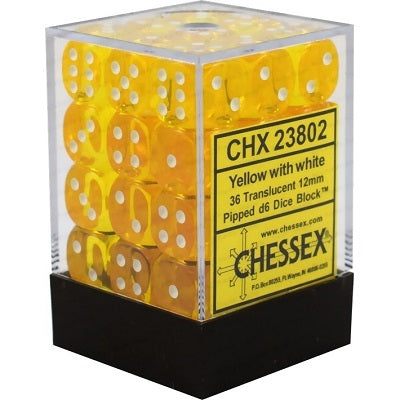 Chessex 36d6 Yellow/White Translucent 12mm Dice | Game Master's Emporium (The New GME)