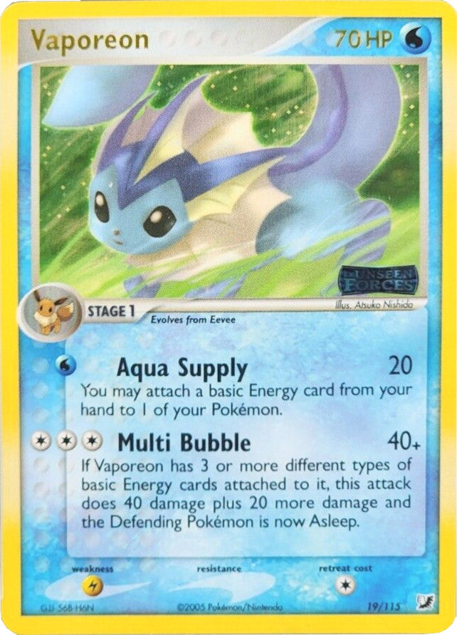 Vaporeon (19/115) (Stamped) [EX: Unseen Forces] | Game Master's Emporium (The New GME)