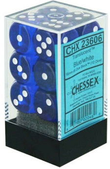 Chessex 12d6 Blue/White Translucent 16mm Dice | Game Master's Emporium (The New GME)