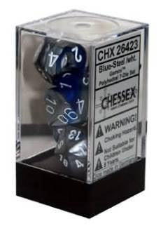 Chessex 7 Dice Gemini Blue Steel White Dice | Game Master's Emporium (The New GME)