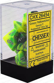 Chessex 7 Dice Gemini Green Yellow Silver Dice | Game Master's Emporium (The New GME)