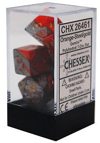 Chessex 7 Dice Gemini Orange Steel Gold Dice | Game Master's Emporium (The New GME)