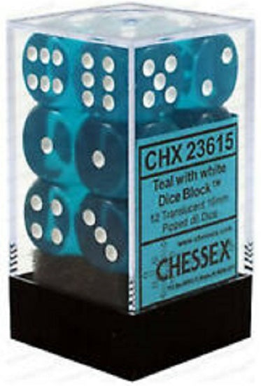 Chessex 12d6 Teal/White Translucent 16mm Dice | Game Master's Emporium (The New GME)