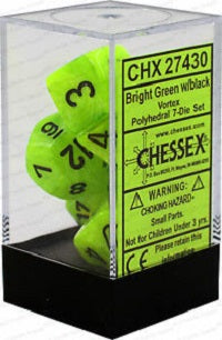 Chessex 7 Dice Vortex Bright Green Black Dice | Game Master's Emporium (The New GME)
