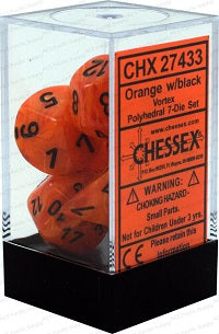 Chessex 7 Dice Vortex Orange Black Dice | Game Master's Emporium (The New GME)