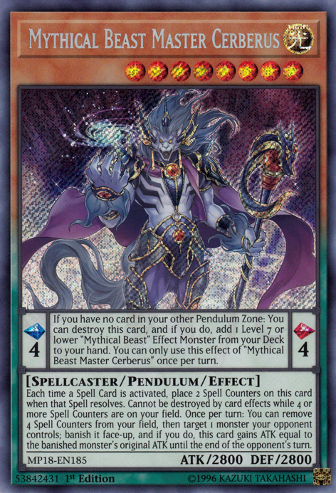 Mythical Beast Master Cerberus [MP18-EN185] Secret Rare | Game Master's Emporium (The New GME)