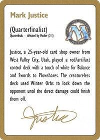 1996 Mark Justice Biography Card [World Championship Decks] | Game Master's Emporium (The New GME)
