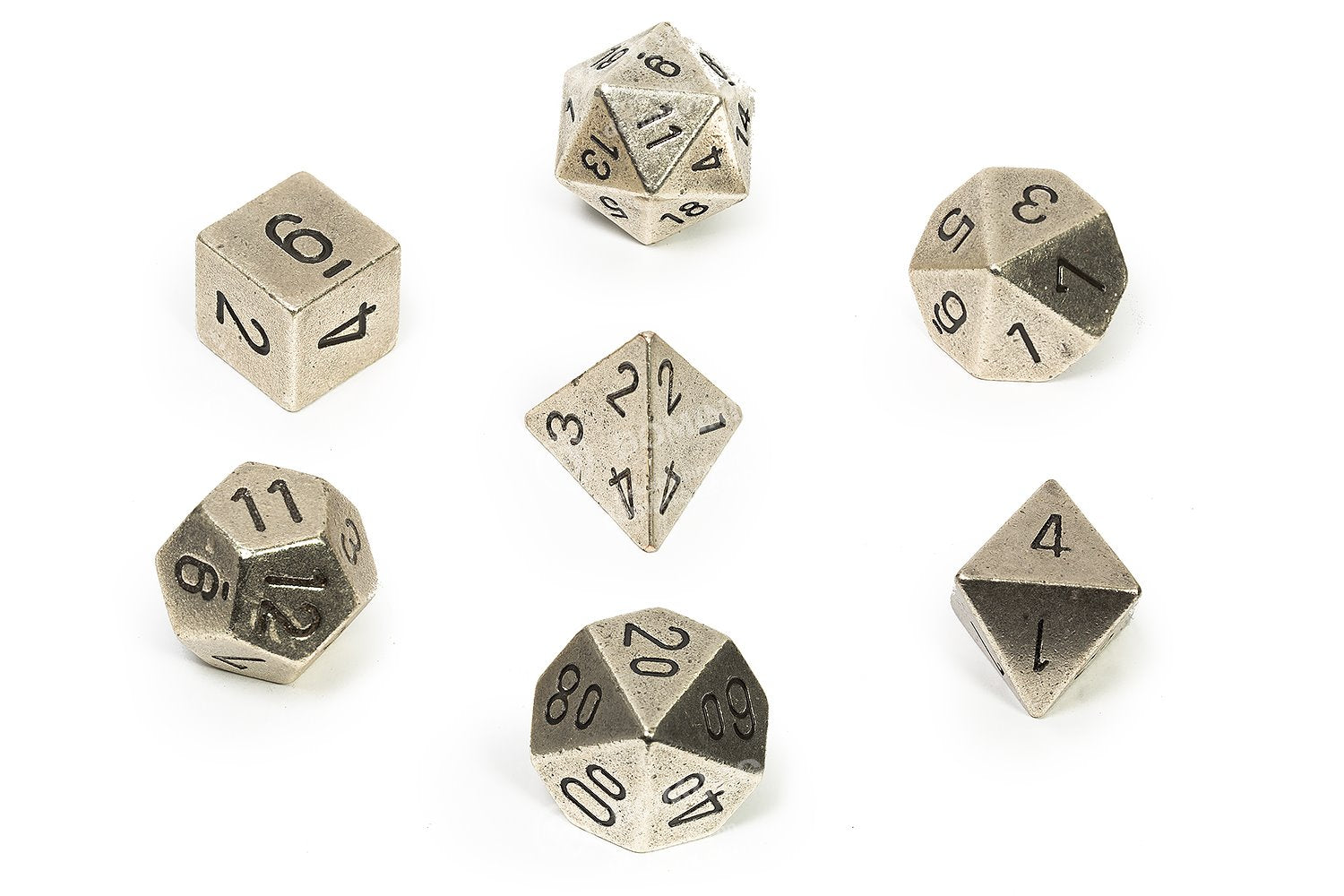 Solid Metal  Silver-Coloured Poly 7 Dice Set | Game Master's Emporium (The New GME)
