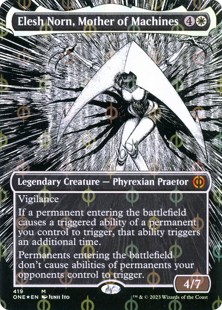 Elesh Norn, Mother of Machines (Borderless Manga Step-and-Compleat Foil) [Phyrexia: All Will Be One] | Game Master's Emporium (The New GME)