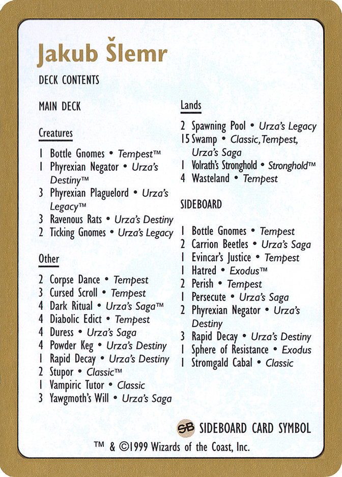 Jakub Slemr Decklist [World Championship Decks 1999] | Game Master's Emporium (The New GME)