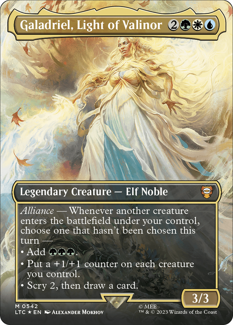 Galadriel, Light of Valinor (Borderless) (Surge Foil) [The Lord of the Rings: Tales of Middle-Earth Commander] | Game Master's Emporium (The New GME)