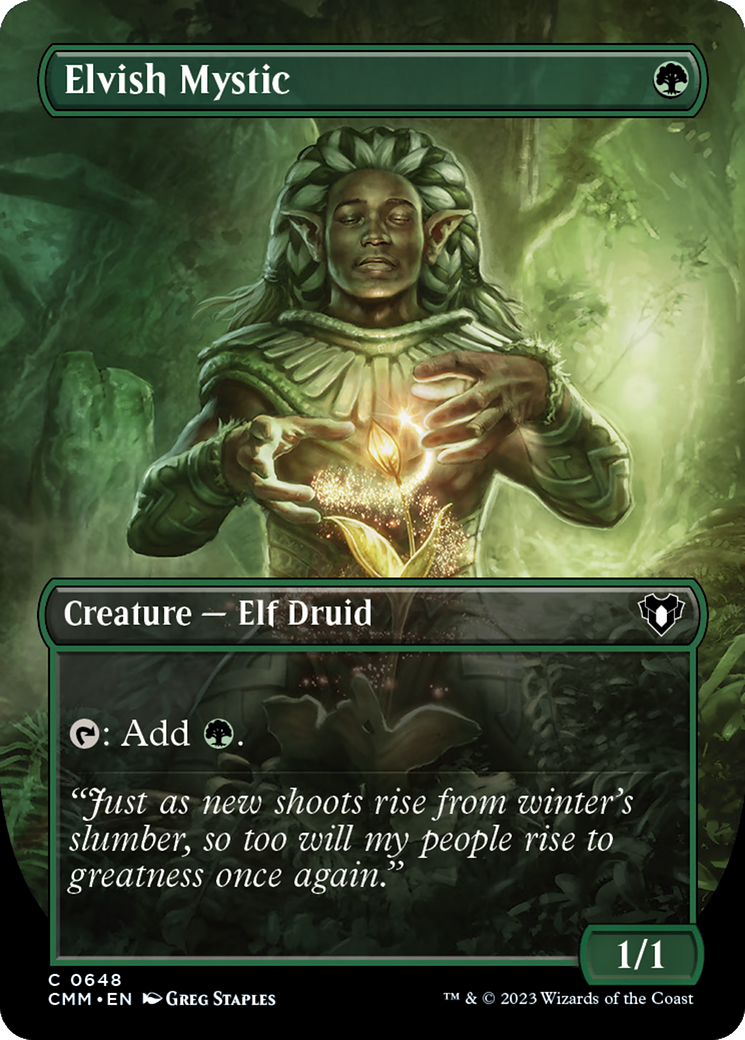 Elvish Mystic (Borderless Alternate Art) [Commander Masters] | Game Master's Emporium (The New GME)