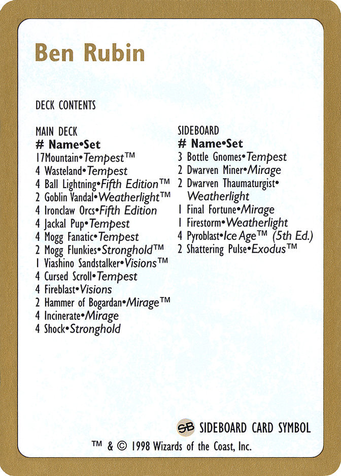 Ben Rubin Decklist [World Championship Decks 1998] | Game Master's Emporium (The New GME)